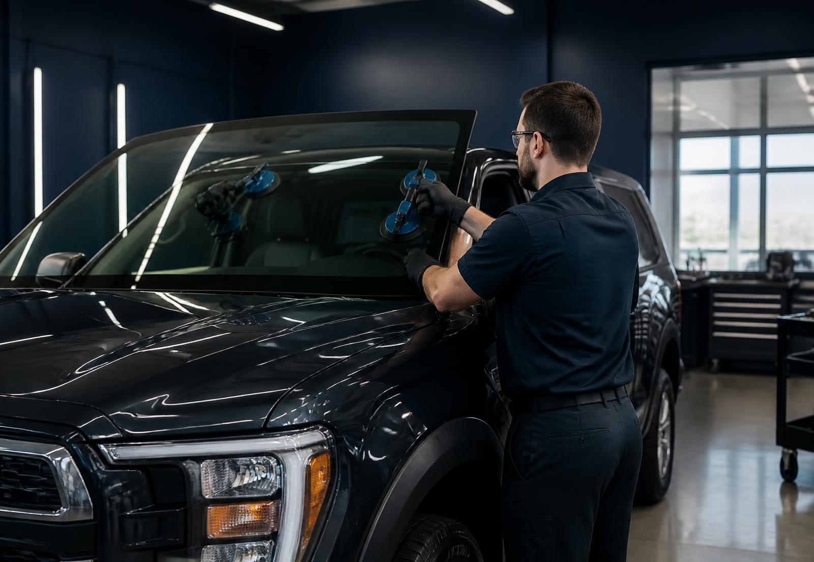 Technician fitting a new windshield